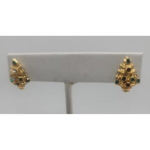 Vintage small gold tone rhinestone holiday Christmas Tree pierced stud earrings